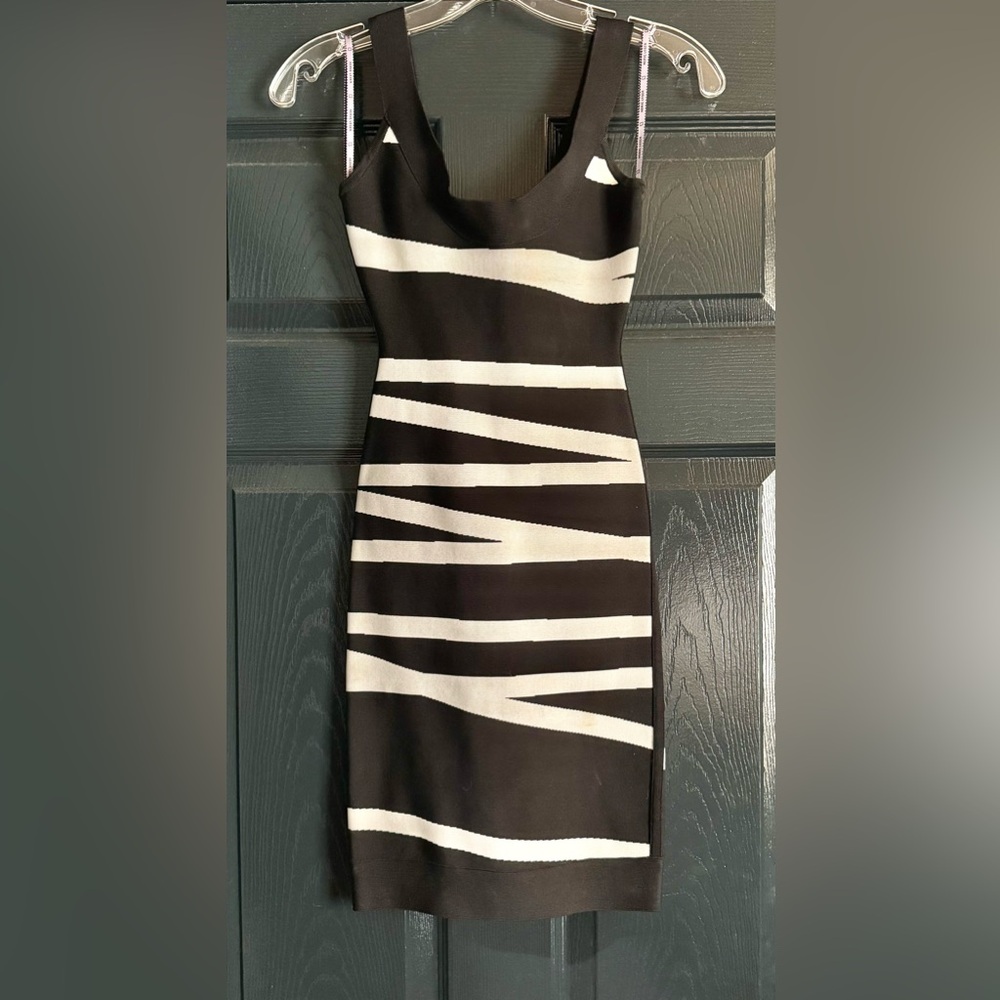 Herve Leger Danica Black White Comb Ribbon Bandage Dress XXS